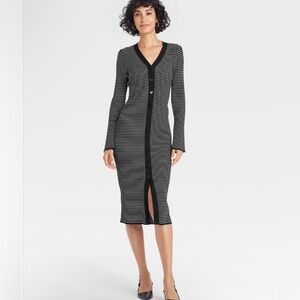 A New Day Black White Stripe Ribbed Midi Dress Button Front Bell Sleeves Small
